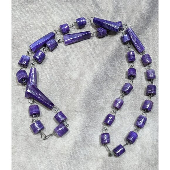 Handmade Rustic Purple Carved Stone Beaded Necklace - Picture 6 of 6